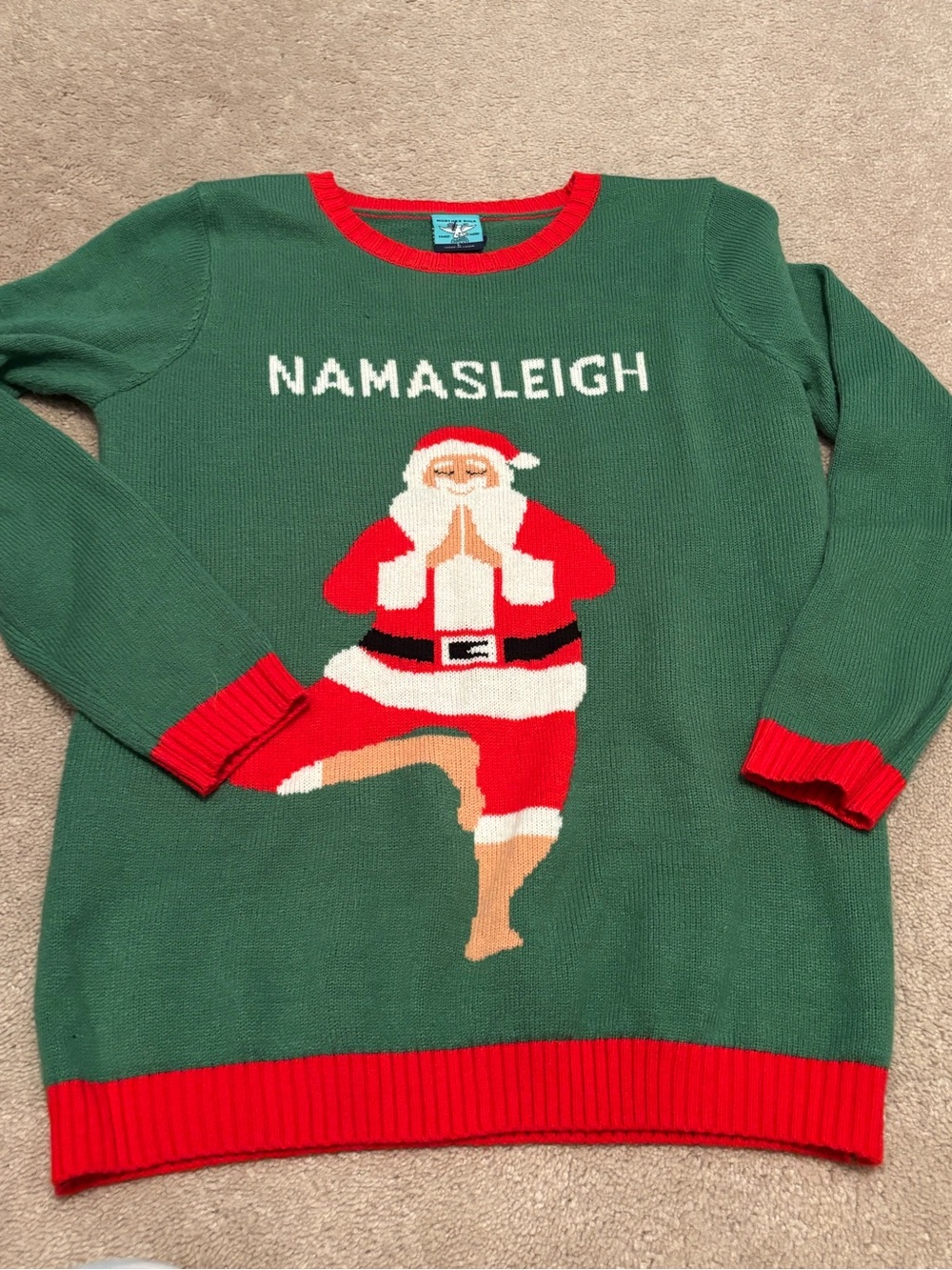 Green "NAMASLEIGH" Yoga Women’s Large Santa Holiday Sweater Ugly Christmas July